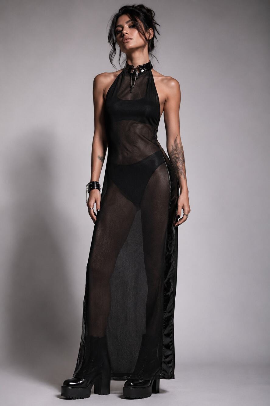 Vintage Y2K Sheer Mesh Halter Maxi Dress L Black Lock Collar Alt Goth Industrial